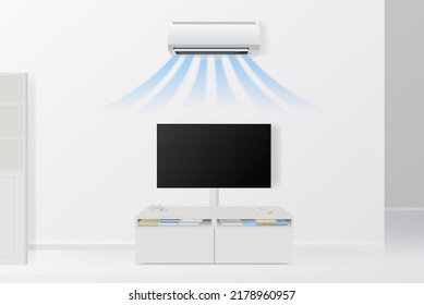 El aire frío sale del aire acondicionado de la sala de estar. El acondicionamiento de los aparatos de aire acondicionado se adapta a las dimensiones de la habitación. Televisión con pantalla LCD.