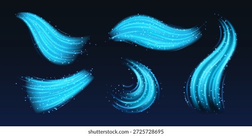 Efeitos de fluxo de ar frio definidos isolados no plano de fundo. Ilustração realista de vetor de neon azul frio vento redemoinhos e ondas com partículas brancas cintilantes, sistema de ar condicionado, fluxo de água doce