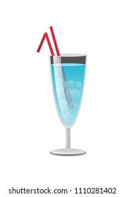 Cold alcohol beverage, colorful vector illustration with blue refreshing cocktail, lot of ice pieces, two red straws, isolated on white background