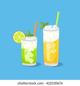 Cold alcohol coctails and other drinks isolated. Cocktail drink fruit juice in flat design style. Retro style holiday cocktail. Vector ilustration