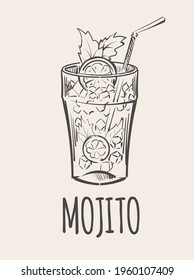 Cold alcoholic drink Mojito with ice , sketch vector illustration