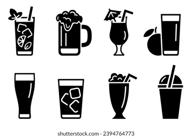 Cold alcoholic and soft drinks icon sheet, black silhouette clipart on white. Beer, cola, mojito and pina colada cocktails, smoothie and juice. Vector element for web design, illustration of beverage