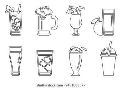 Cold alcoholic and soft drinks line icon set, black outline on white. Beer, cola, mojito and pina colada cocktails, smoothie and juice. Vector sign for web design or logo, illustration of beverage.