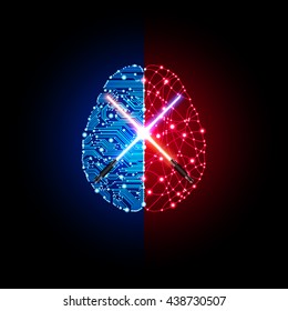 Cold analysis and bursting creativity paired together in star war fan concept. Two shining light sabers crossed on shining background with human brain.