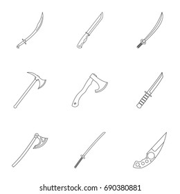 Cold arms icon set. Outline style set of 9 cold weapon vector icons for web isolated on white background