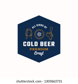 Cold Beer. Abstract Vector Beer Sign, Logo or Badge Template. Growler Bottle, Cap and Beer Tap Icons with Vintage Monogram and Retro Typography. Isolated.