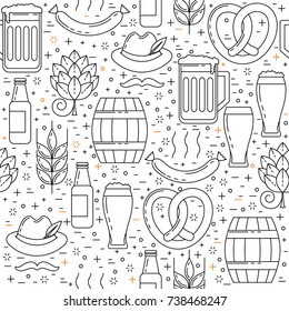 Cold beer design, vector pub decoration with mugs and hop, seamless pattern