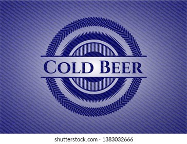 Cold Beer emblem with jean high quality background. Vector Illustration. Detailed.