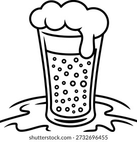 Cold Beer Glass Pint Line Ilustración de arte Foamy Head Bubbles Bebida Diseño gráfico de página para colorear. eps 10 Vector
