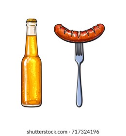 Cold beer and grilled, barbequed sausage on fork, sketch style vector illustration on white background. Realistic hand drawing of grilled, fried, barbequed sausage, fork and bottle of beer