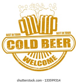 Cold beer grunge rubber stamp on white, vector illustration