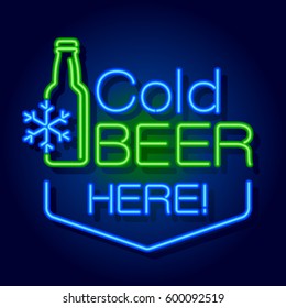 Cold Beer Here. Neon signboard with arrow and text. Vector illustration.