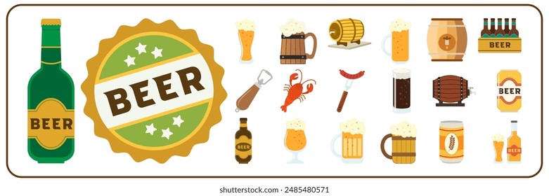 Icono de cerveza fría o conjunto de signos. Ilustración de Vector de cerveza plana aislada sobre fondo blanco. Bebida alcohólica en pub o bar