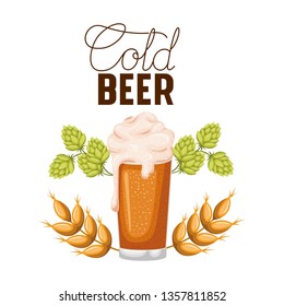 cold beer label with glass and wheat