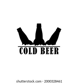 Cold beer logo. Set of beer bottles with ice cubes. Black silhouette with inscription. Vector picture on white background.