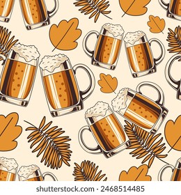 cold beer mug vintage seamless pattern, retro style vector illustration