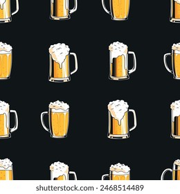 cold beer mug vintage seamless pattern, retro style vector illustration