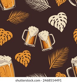 cold beer mug vintage seamless pattern, retro style vector illustration