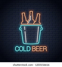 Cold beer neon banner. Beer bottles  neon sign on wall background