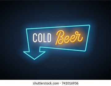 Cold beer neon signboard. Vector Illustration.