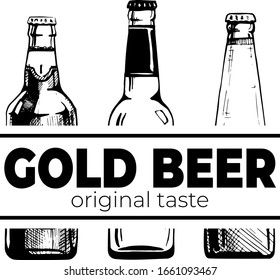 Cold beer original taste promotion font lettering over three glass bottle with advertising alcoholic drink. Natural beverage production. Refreshment brewing factory. Vintage label design
