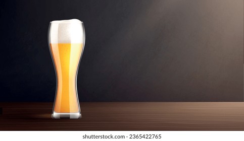 Cold beer realistic composition with dark background and wooden table with glass of beer with foam vector illustration