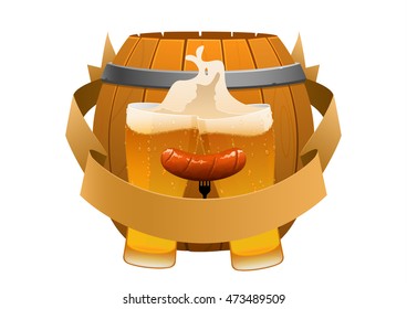 cold beer and sausage on a background of barrel isolated