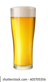 Cold beer in tall glass. Alcohol beverage in mug. Pint of gold lager with foam. Pub symbol. Excellent photo-realistic vector illustration isolated on white background