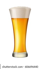 Cold beer in tall glass. Alcohol beverage in mug. Pint of gold lager with foam. Pub symbol. Excellent photo-realistic vector illustration isolated on white background