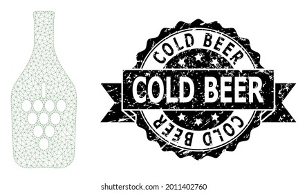 Cold Beer unclean seal print and vector wine bottle mesh structure. Black seal includes Cold Beer title inside ribbon and rosette. Abstract flat mesh wine bottle, built from flat mesh.