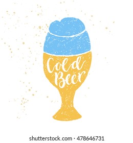 Cold beer. Vector hand written brush pen calligraphy phrase or quote in a form of glass. Cute isolated letters on an abstract background for Oktoberfest marketing for pub and bar.