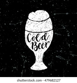 Cold beer. Vector hand written brush pen calligraphy phrase or quote in a form of glass. Cute isolated letters on an abstract background for Oktoberfest marketing for pub and bar.