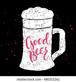 Cold beer. Vector hand written brush pen calligraphy phrase or quote in a form of glass. Cute isolated letters on an abstract background for Oktoberfest marketing for pub and bar.