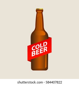 Cold beer -vector illustration of beer bottle with a red ribbon