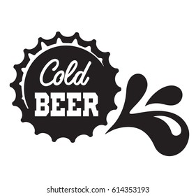 Cold BEER. Words on the beer bottle cap. Splashes and drops. Vector illustration.
