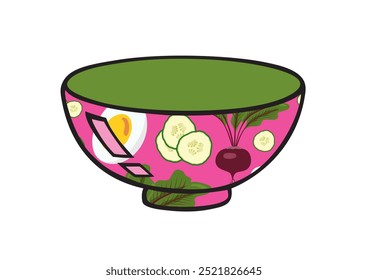 Cold beet soup plate pattern with egg, fresh herbs, cucumber and herbs. Isolated on white background.