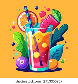Cold Beverage with Fruit Garnish and Ice Cubes Vector