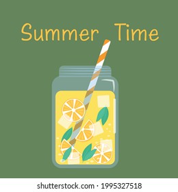Cold beverage, lemonade on a green background. Summer time vector illustration. Cartoon style.