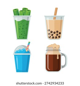 Cold beverage mix with green smoothie, bubble tea, creamy iced coffee, and blue slush, cafe menu icons for summer