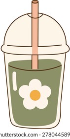 A cold beverage in a plastic cup with a dome lid, straw, and a white flower graphic on the green drink.