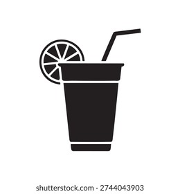 Cold beverage vector illustration depicts a tall cup holding a drink garnished with a fresh slice of citrus fruit and a bendy straw ready for immediate consumption.