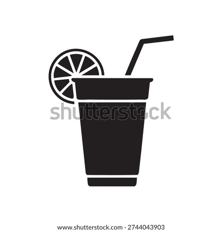 Cold beverage vector illustration depicts a tall cup holding a drink garnished with a fresh slice of citrus fruit and a bendy straw ready for immediate consumption.