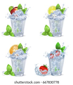 Cold beverages with cool ice, mint leaves, red apple, sour lime, juicy orange and sweet strawberry isolated vector illustrations on white background.