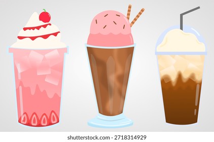 Conjunto de ilustração de bebidas frias. Milkshake de morango com chantilly, gelo de chocolate com sorvete de morango e café gelado. 