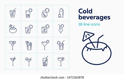 Cold beverages line icon set. Cuba Libre, lemonade, ice tea. Drink concept. Can be used for topics like bar, cocktail menu, party