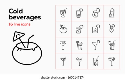 Cold beverages line icon set. Cuba Libre, lemonade, ice tea. Drink concept. Can be used for topics like bar, cocktail menu, party