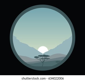 Cold blue colors, savanna landscape vector  illustration, circle frame