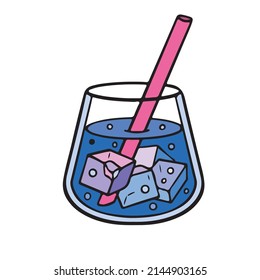 Cold blue drink with ice cubes and a straw in a glass. Isolated vector illustration of a cocktail in a cartoon style.