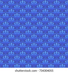 Cold blue floral seamless pattern of a symmetrical tufts with tendrils and leaves. Bright ethic texture for print of interior wallpaper, furniture upholstery, fashionable fabric, book and gift covers.