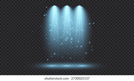 Luz azul fria com três holofotes. Efeitos de iluminação da cena em um fundo transparente escuro. Ilustração vetorial. Não gerada por IA